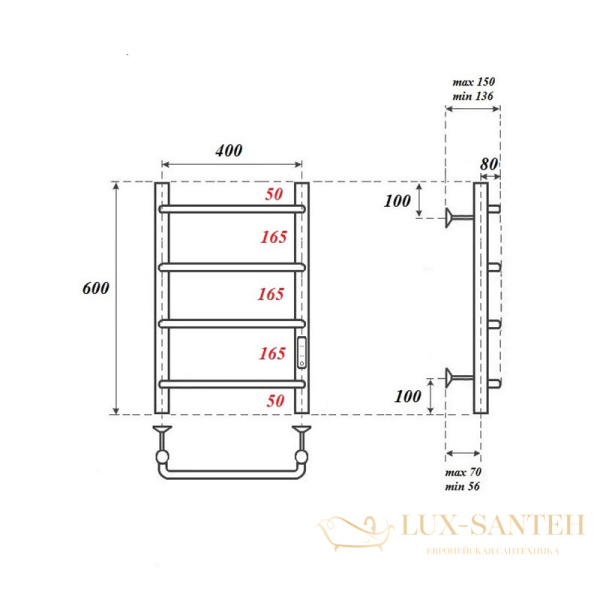 полотенцесушитель 400x600 электрический point ника pn08846 п4 диммер справа, хром
