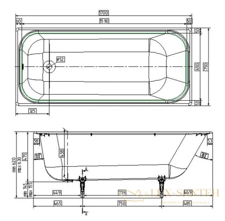чугунная ванна wotte start 170x75, start 1700x750, цвет белый