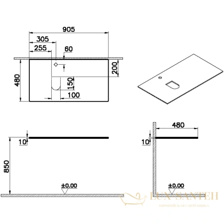 столешница vitra origin 65713 90,5 см l, белый