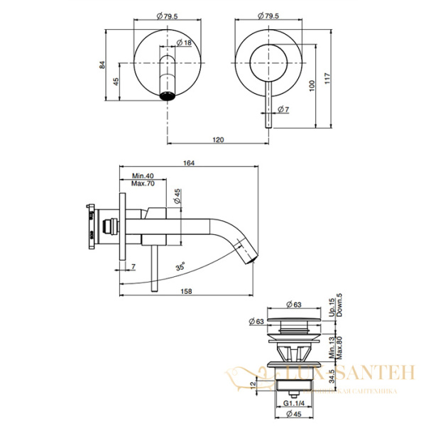 смеситель для раковины встраиваемый fima carlo frattini spillo up f3051wx8cs, с донным клапаном, черный хром брашированный