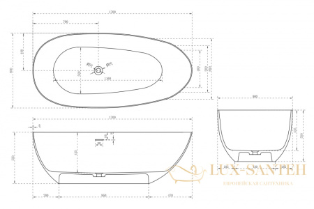 ванна свободностоящая из искусственного камня abber stein as9611-1.7, 170х75х55h см, белый матовый 