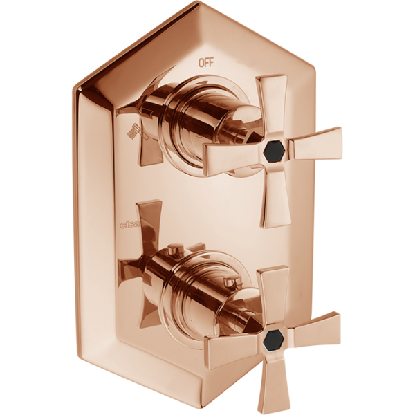 cisal cherie, cx0191007e, внешняя часть встраиваемого термостатического смесителя для душа, переключатель на 2 выхода, цвет розовое золото х черный