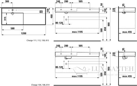 раковина laufen kartell by 8.1333.2.000.111.1 универсальная 120 см, белый глянцевый 