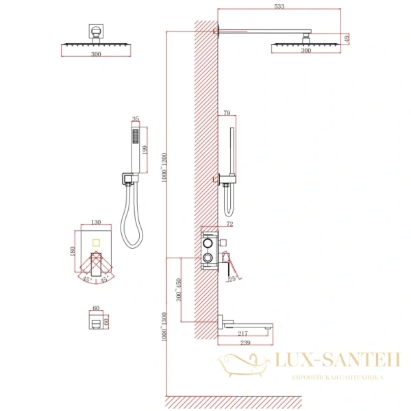 душевой комплект d&k bayern.liszt da1515605a04 300 мм, черный матовый
