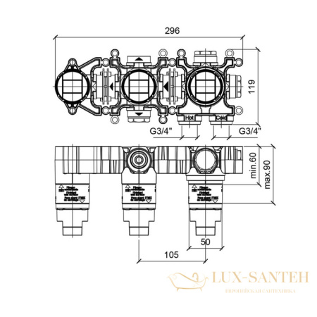 встраиваемая часть almar modular e186903, смесителя для ванны на 2 выхода, горизонтальный монтаж