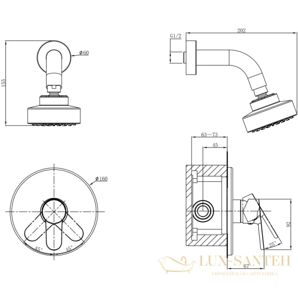 душевой комплект d&k rhein.marx da1395101 96 мм, хром