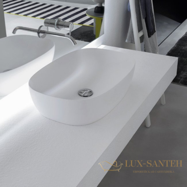 раковина накладная antonio lupi senso, 60х40 см, без перелива, с донным клапаном (хром), из материала: flumood, белый матовый