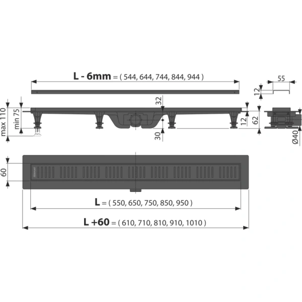 alcaplast водоотводящий желоб с порогами для перфорированной решетки,черный-мат apz10black-850m, 850 мм