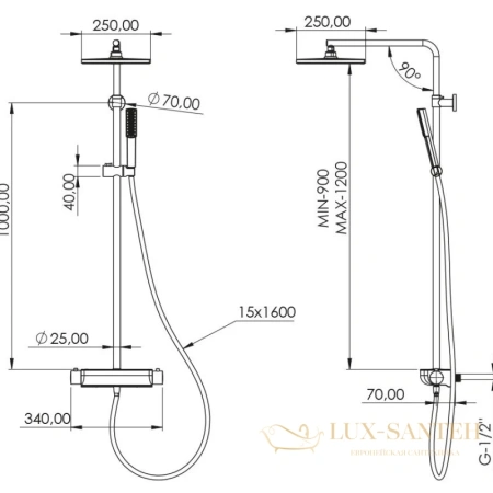 душевая система teska mira dk2920c 250 мм, хром/белый