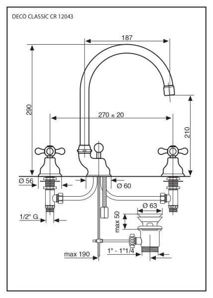смеситель для раковины emmevi deco classic 12043/br с донным клапаном на 3 отверстия, бронза