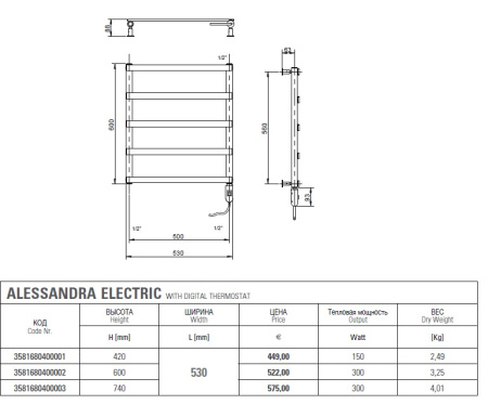 полотенцесушитель электрический cordivari alessandra electric 3581680400001 420/530 мм, хром