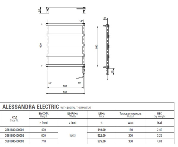 полотенцесушитель электрический cordivari alessandra electric 3581680400003 740/530 мм , хром