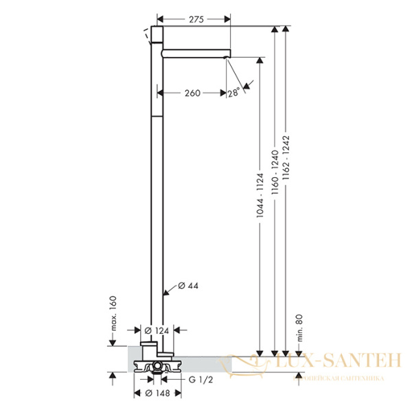 смеситель для раковины напольный, axor uno, 45037820, (внешняя часть), шлифованный никель