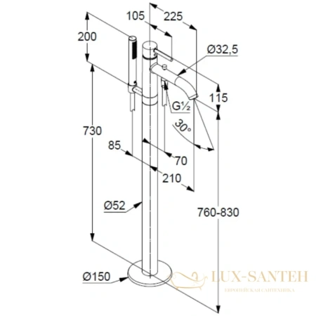смеситель kludi bozz 38590n076 для ванны напольный, золото матовое