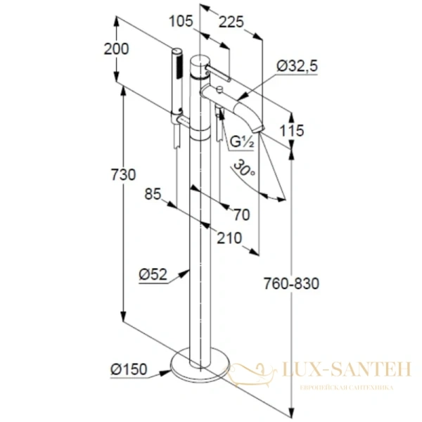 смеситель kludi bozz 38590n076 для ванны напольный, золото матовое