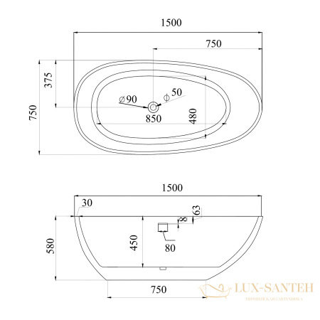 ванна акриловая свободностоящая abber ab9356-1.5, белый глянцевый