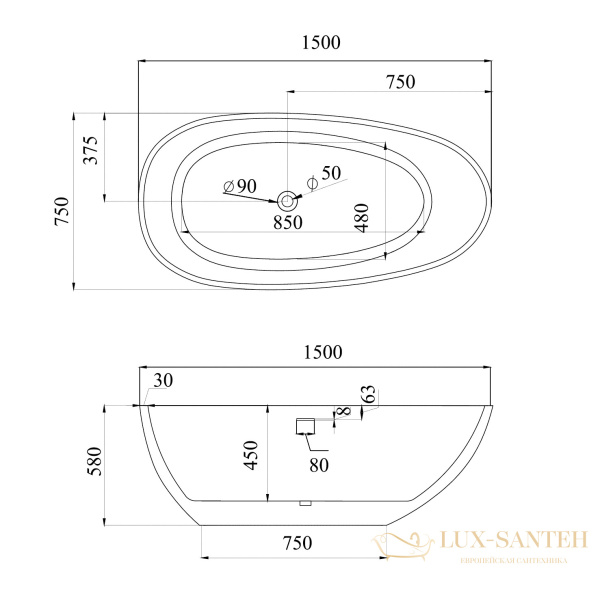 ванна акриловая свободностоящая abber ab9356-1.5, белый глянцевый