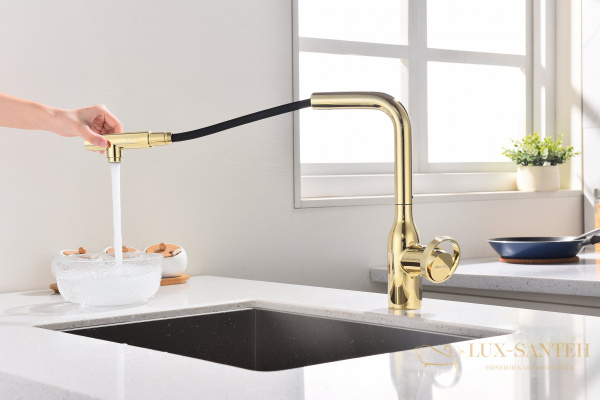 смеситель для кухни под фильтр с выдвижным изливом paulmark urban ur213104-g, золото