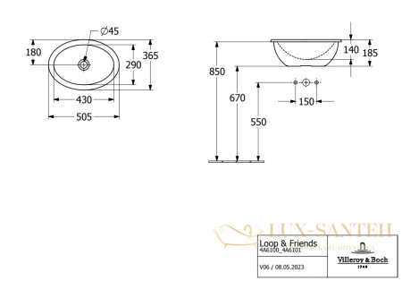 раковина встраиваемая villeroy&boch loop&friends 4a6100r1, 505х360х185h мм, с переливом, ceramicplus, белый глянцевый