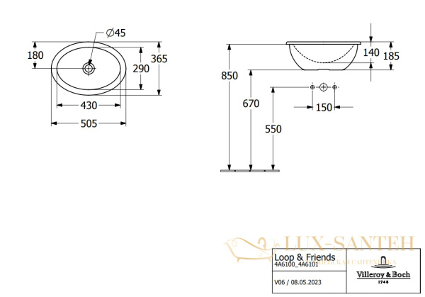 раковина встраиваемая villeroy&boch loop&friends 4a6100r1, 505х360х185h мм, с переливом, ceramicplus, белый глянцевый