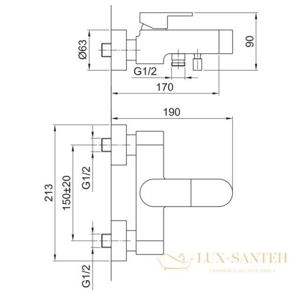 смеситель для ванны fantini mare, 51 02 1016, настенный, излив 170 мм, с ручным душем, хром