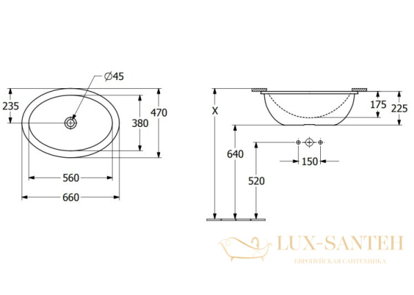 раковина встраиваемая villeroy&boch loop&friends 4a5500r1, 560х380х220h мм, с переливом, ceramicplus, белый глянцевый
