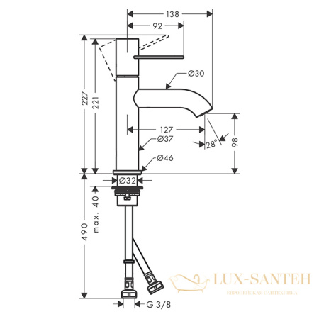 смеситель для раковины 100, axor uno, 38026000, с донным клапаном, хром