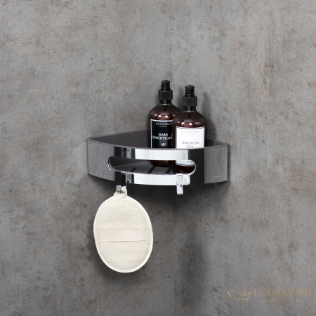 полка для душа угловая lemark shelf line 9771046,  с крючками и вставкой из пластика, хром/вставка-графит