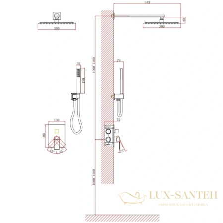 душевой комплект d&k bayern.liszt da1515705a04 300 мм, черный матовый