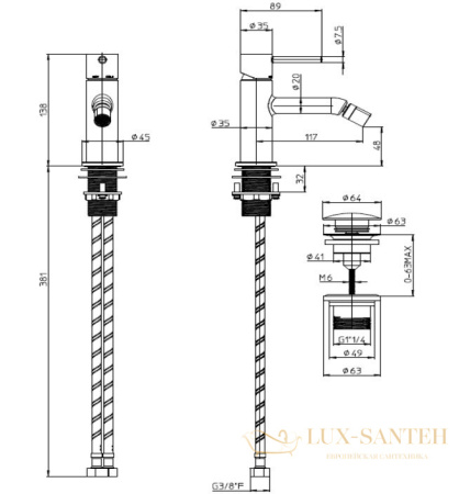 смеситель для биде bossini teo z00702.043, c донным клапаном, золото сатинированное