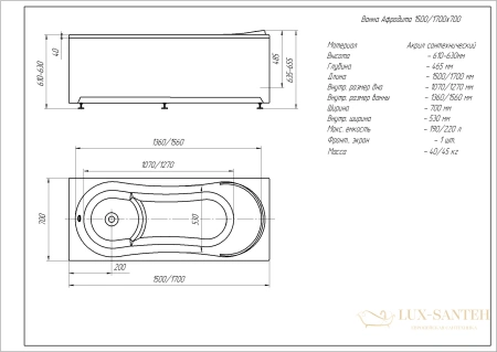 акриловая ванна aquatek афродита 170x70 afr170-0000054 без гидромассажа, с фронтальным экраном (слив справа)