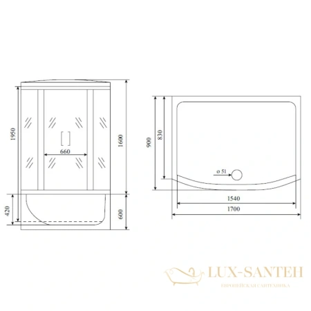 душевая кабина timo lux t-7770 170x90x220 см, стекло прозрачное