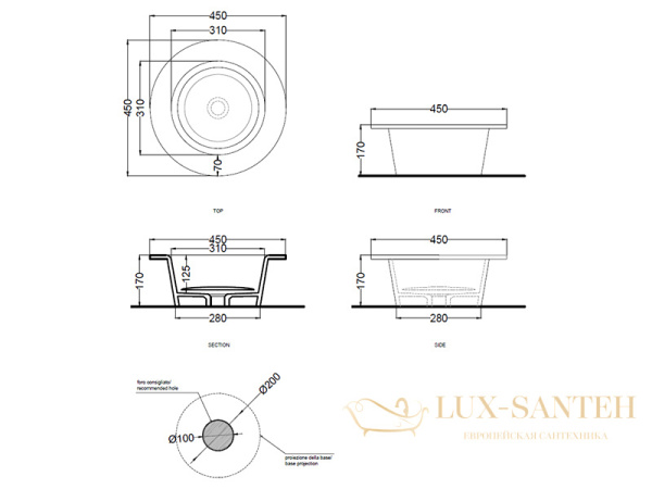 раковина накладная/ встраиваемая cielo amadeo tondo amla45 br, 450x450x170h мм, brina