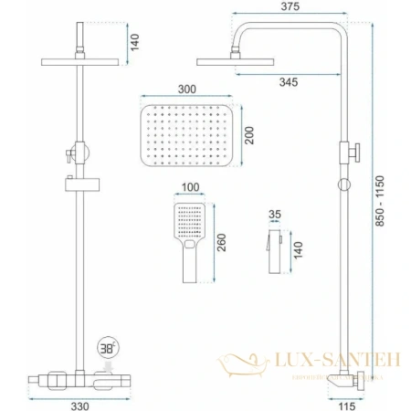 душевая система rea rob rea-p6623 300х200 мм, золотой матовый