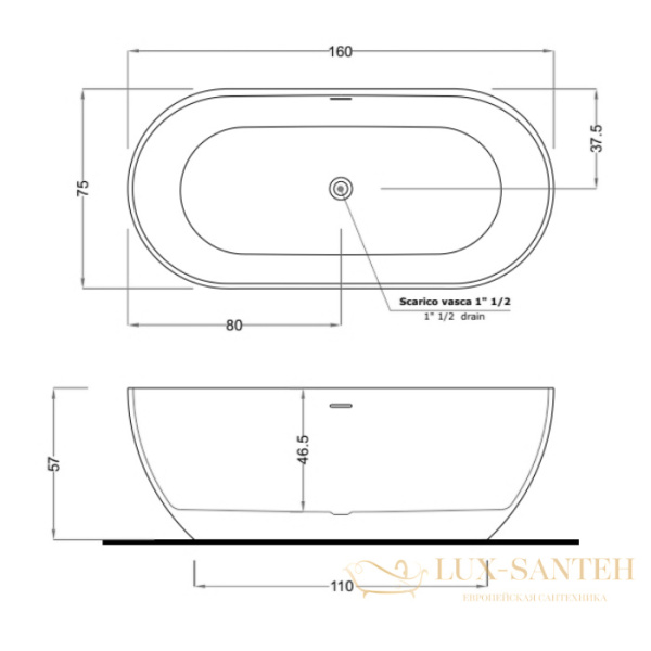 ванна свободностоящая gruppo treesse clivia, v447bo, 170x80x60h, материал solid, в комплекте со сливом переливом, белый матовый