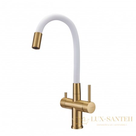 смеситель для кухни под фильтр с гибким изливом milacio ultra gdw, золото брашированное/белый
