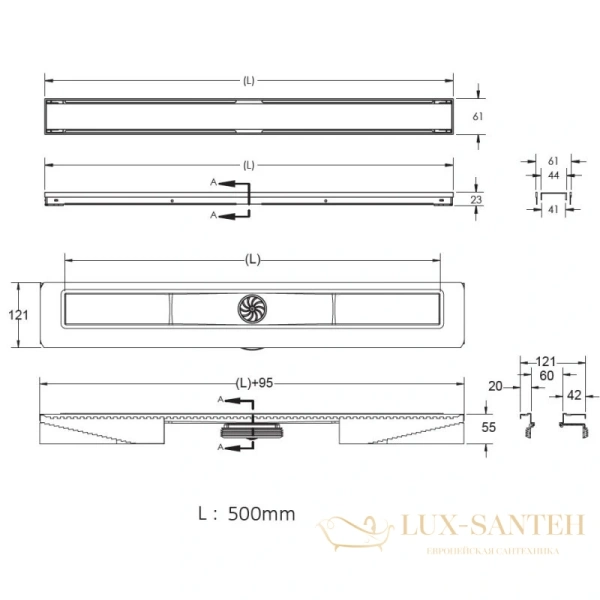 душевой канал berges b1 keramik 091016 500 мм, 2 в 1 с основой под плитку, хром