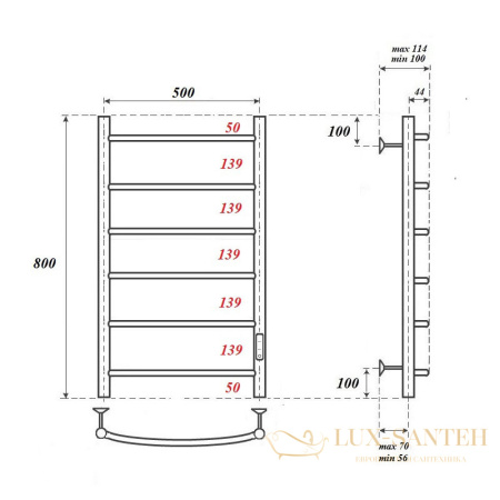 полотенцесушитель 500x800 электрический point афина pn04858b п6 диммер справа, черный