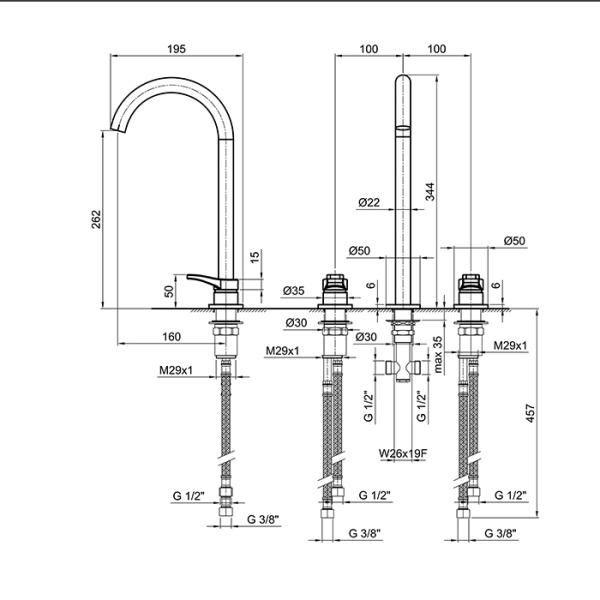 смеситель для раковины, fantini al/23, 26 13 b206wf, 3 отв., без донного клапана, излив 160мм, черный матовый