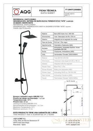 душевая колонна aqg nite 20nitc25nib05 с изливом, термостатом и квадратным верхним душем 25х25 см, черный матовый