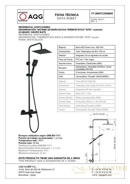 душевая колонна aqg nite 20nitc25nib05 с изливом, термостатом и квадратным верхним душем 25х25 см, черный матовый