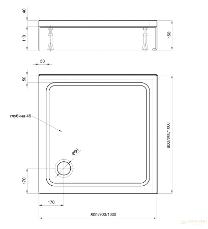 душевой поддон акватек dpa-0000003 1000x1000 (с ножками)