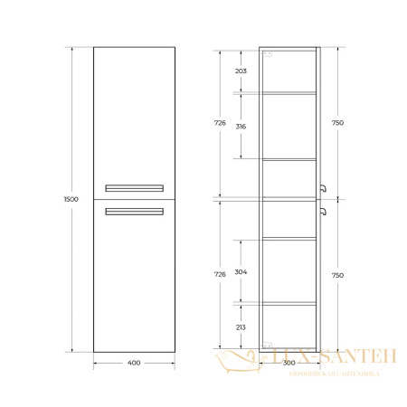 шкаф пенал cezares eco eco-1500-2a-sc-bo 40 см подвесной, bianco opaco