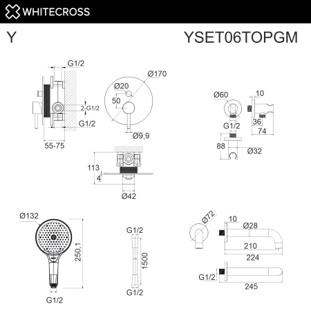 термостатическая система для ванны скрытого монтажа whitecross y, yset06topgm, оружейная сталь