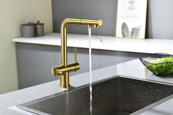 смеситель для кухни под фильтр с гибким изливом paulmark serpentine se213222-bg, золото брашированное