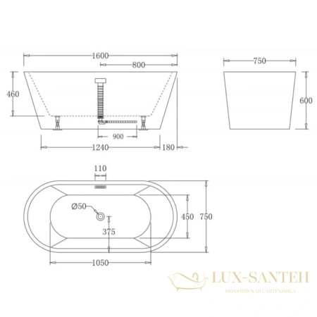 акриловая ванна belbagno bb71-1600 160x75 см, белый