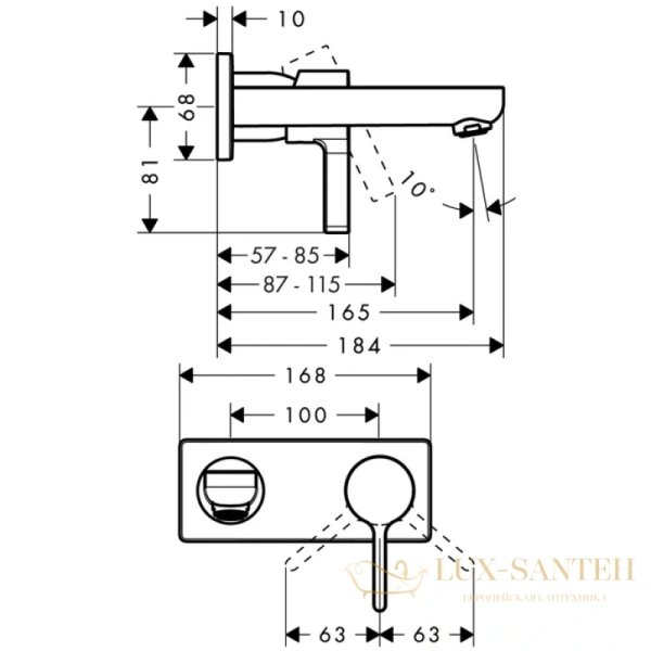 смеситель для раковины настенный, излив 165мм hansgrohe metris s 31162000 хром