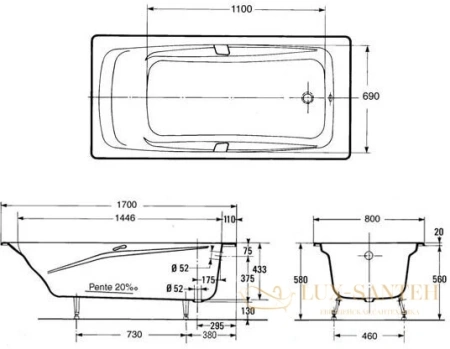 чугунная ванна jacob delafon repos 170x80 e2915-00