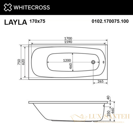 ванна whitecross layla 170x75 "ultra nano", 0102.170075.100.ultranano.cr, белый