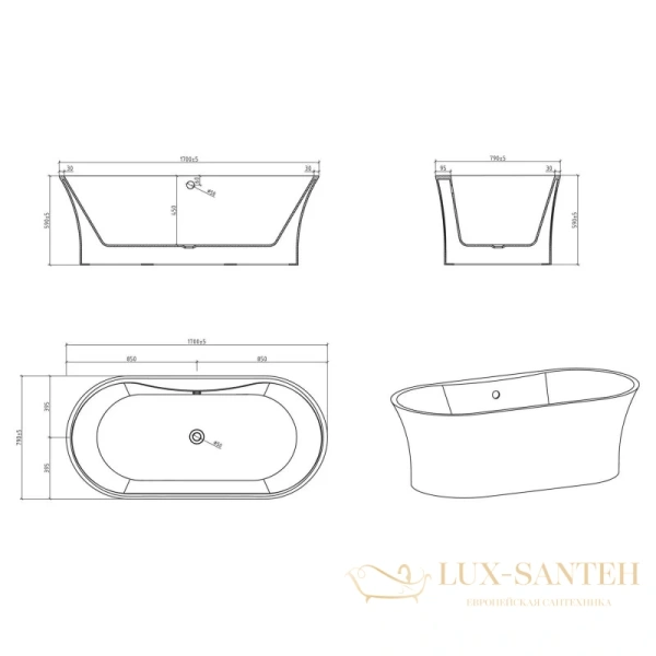 акриловая ванна belbagno bb201-1700-800 170x79 см, белый